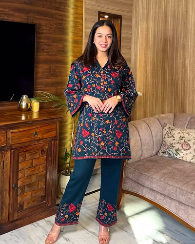 Premium Designer Suit in Reyon Fabric with Inner &amp; Chain-Stitch Work-RKD1436-NavyBlue-XL