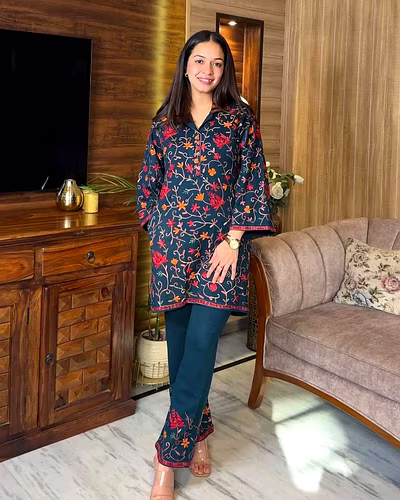 Premium Designer Suit in Reyon Fabric with Inner &amp; Chain-Stitch Work-Navy Blue-XL-1