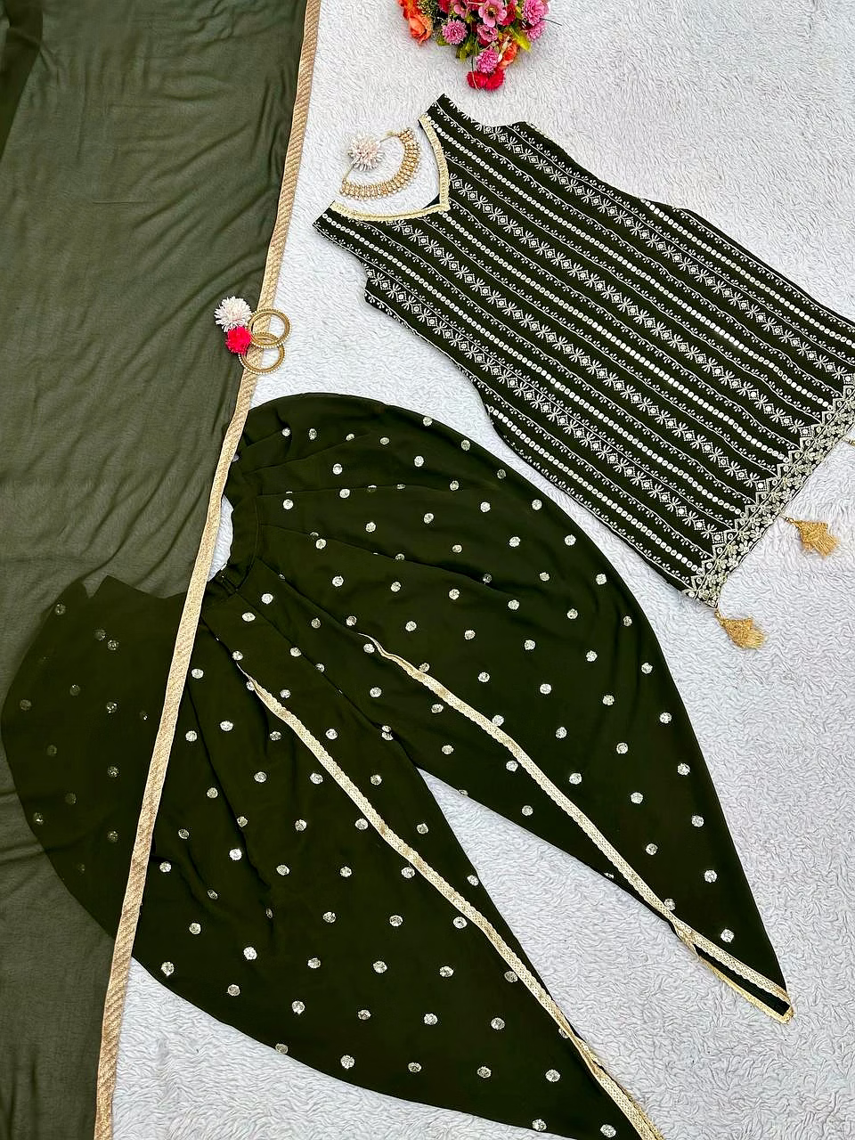 Beautiful Designer Faux Georgette Suit with Dhoti & Dupatta, Sequins & Thread Work image 3