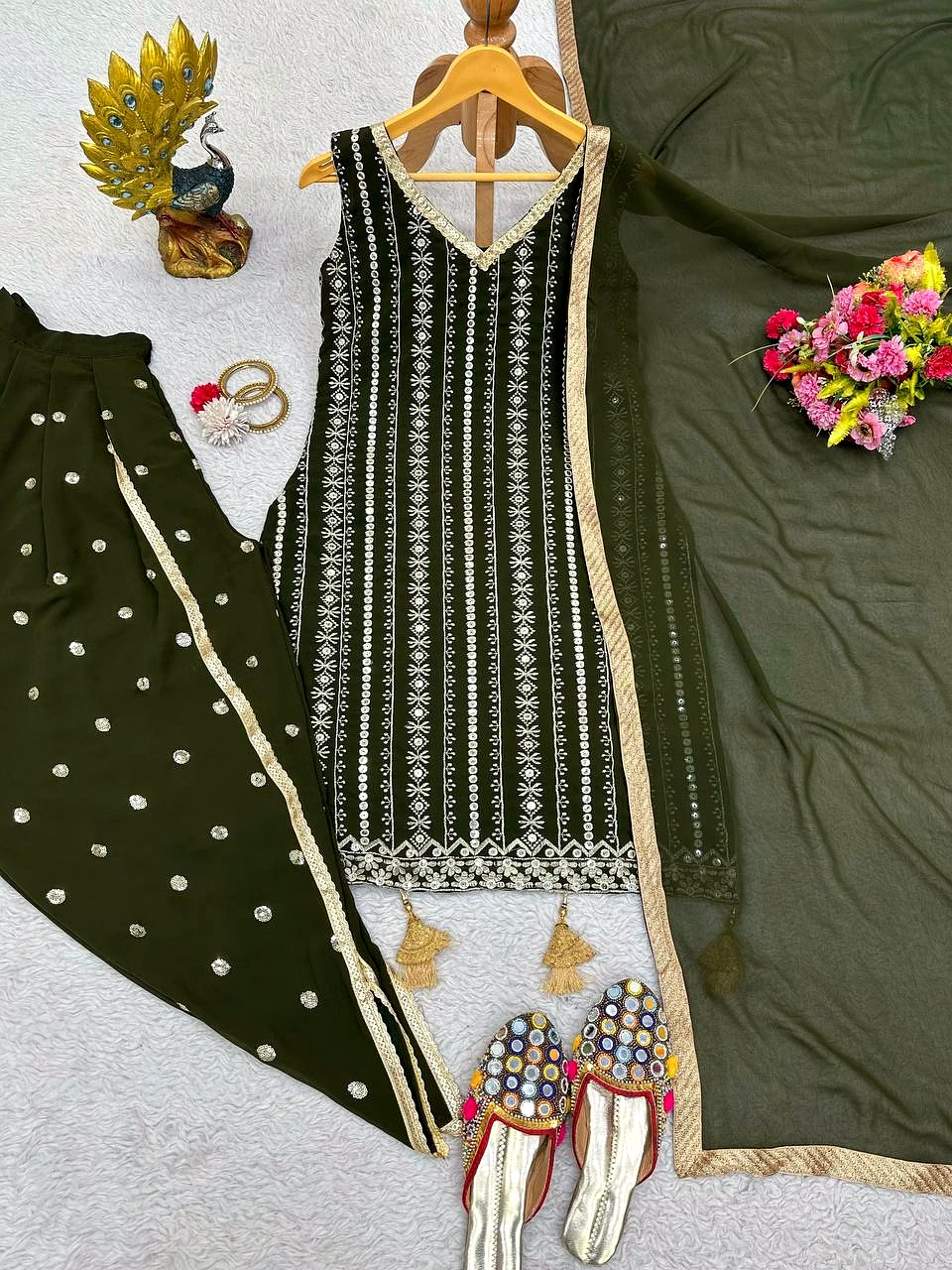 Beautiful Designer Faux Georgette Suit with Dhoti & Dupatta, Sequins & Thread Work image 4