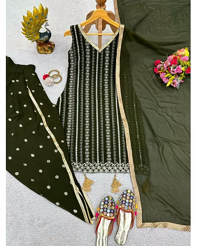 Beautiful Designer Faux Georgette Suit with Dhoti &amp; Dupatta, Sequins &amp; Thread Work-Green-M-3