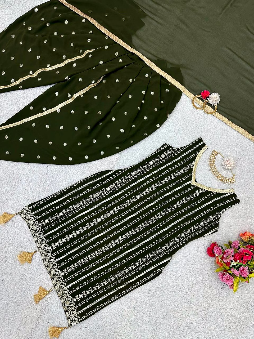 Beautiful Designer Faux Georgette Suit with Dhoti & Dupatta, Sequins & Thread Work image 5