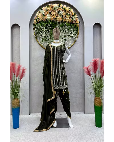 Beautiful Designer Faux Georgette Suit with Dhoti &amp; Dupatta, Sequins &amp; Thread Work-L-Green-1