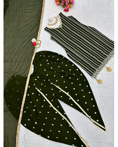Beautiful Designer Faux Georgette Suit with Dhoti &amp; Dupatta, Sequins &amp; Thread Work-L-Green-2
