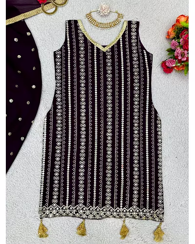 Beautiful Designer Faux Georgette Suit with Dhoti &amp; Dupatta, Sequins &amp; Thread Work-M-Wine-3