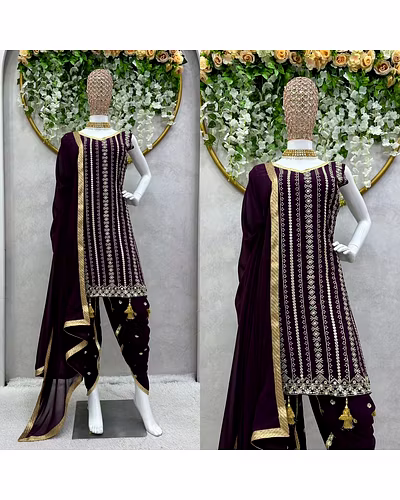 Beautiful Designer Faux Georgette Suit with Dhoti &amp; Dupatta, Sequins &amp; Thread Work-M-Wine-5