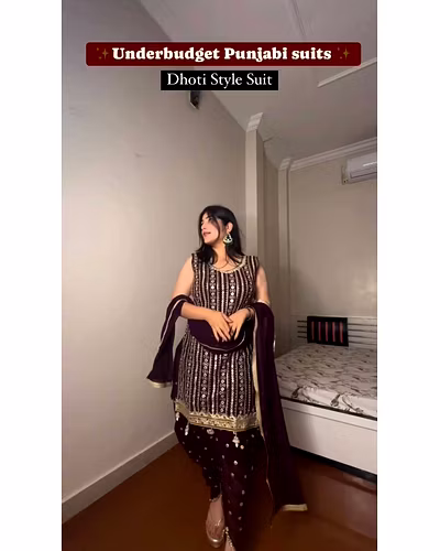 Beautiful Designer Faux Georgette Suit with Dhoti &amp; Dupatta, Sequins &amp; Thread Work-XL-Wine-1