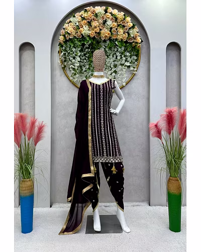 Beautiful Designer Faux Georgette Suit with Dhoti &amp; Dupatta, Sequins &amp; Thread Work-XL-Wine-2