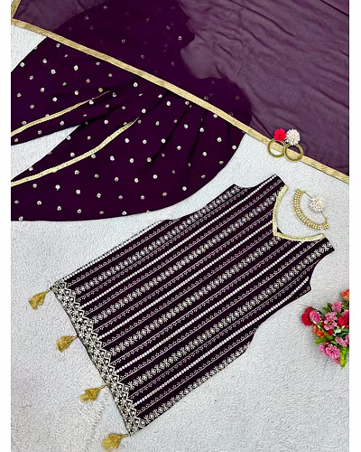 Beautiful Designer Faux Georgette Suit with Dhoti &amp; Dupatta, Sequins &amp; Thread Work-XL-Wine-4