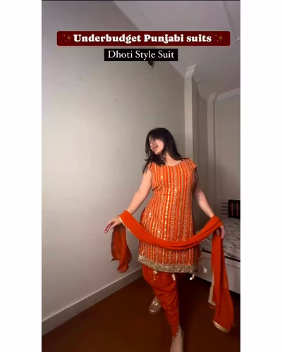 Beautiful Designer Faux Georgette Suit with Dhoti &amp; Dupatta, Sequins &amp; Thread Work-RKD1433-OrangeL