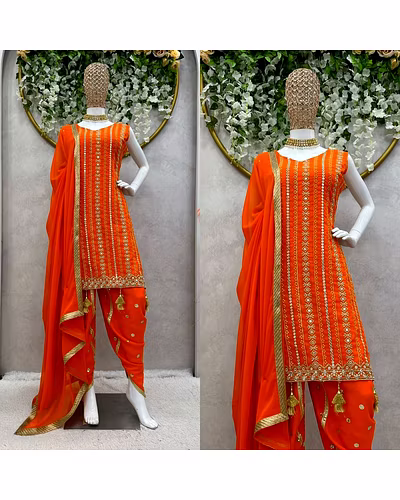 Beautiful Designer Faux Georgette Suit with Dhoti &amp; Dupatta, Sequins &amp; Thread Work-L-Orange-1