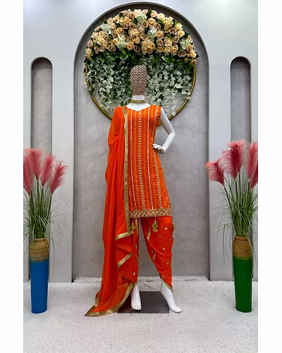 Beautiful Designer Faux Georgette Suit with Dhoti &amp; Dupatta, Sequins &amp; Thread Work-XL-Orange-2
