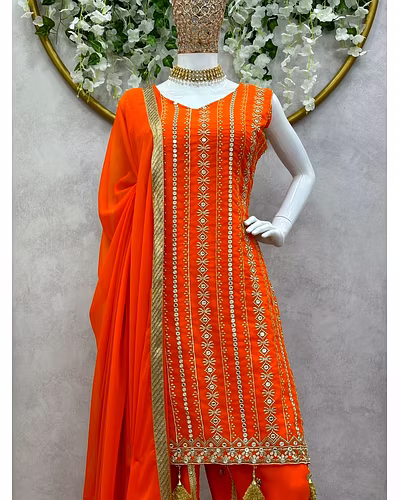 Beautiful Designer Faux Georgette Suit with Dhoti &amp; Dupatta, Sequins &amp; Thread Work-XL-Orange-3