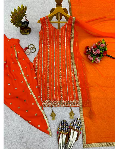 Beautiful Designer Faux Georgette Suit with Dhoti &amp; Dupatta, Sequins &amp; Thread Work-XL-Orange-4