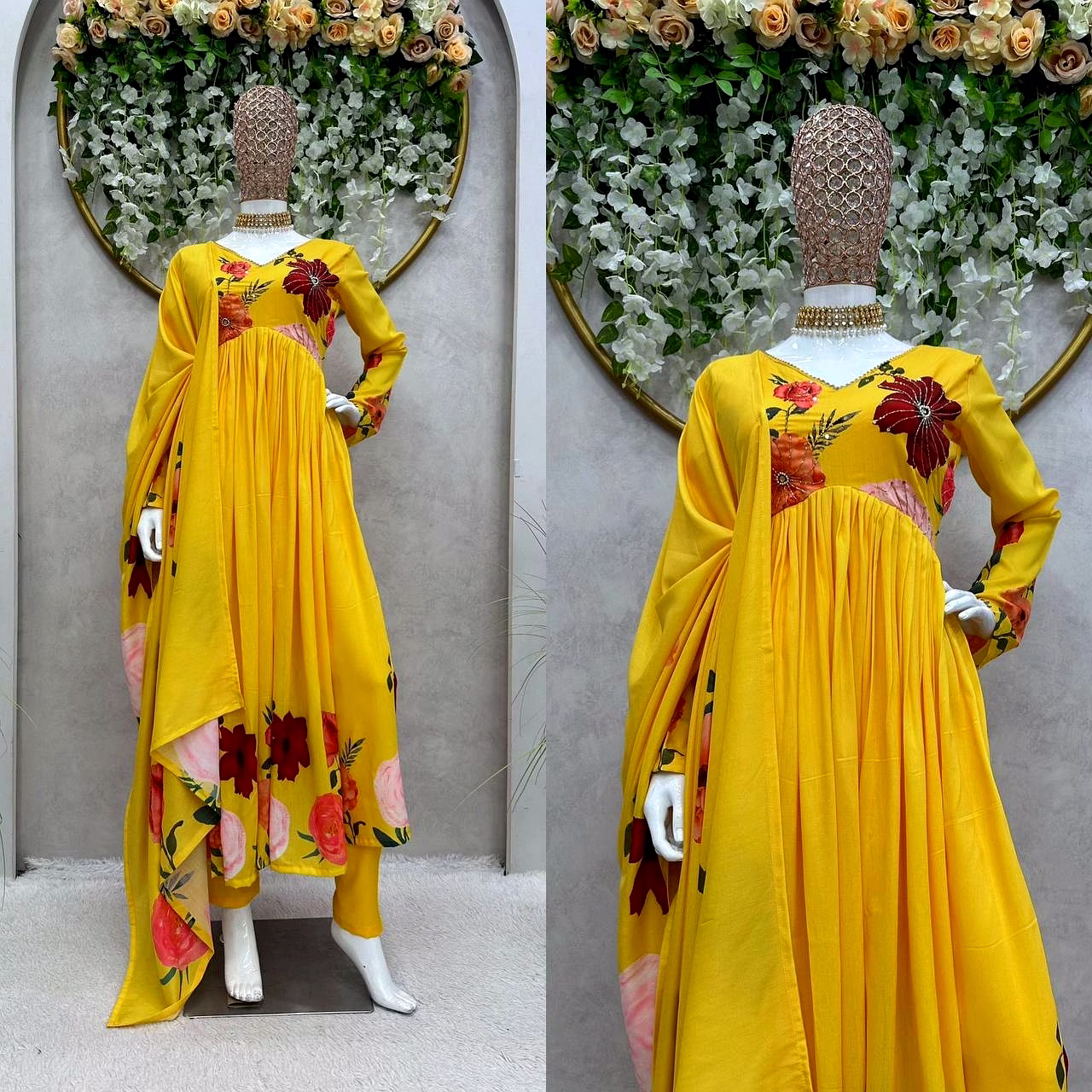 ynf designer side cut muslin suit with hand work & crepe pants, includes digital print dupatta