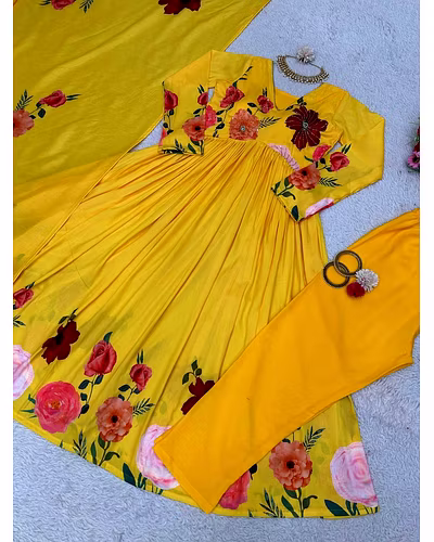 Designer Side Cut Muslin Suit with Hand Work &amp; Crepe Pants, Includes Digital Print Dupatta-Yellow-M-3