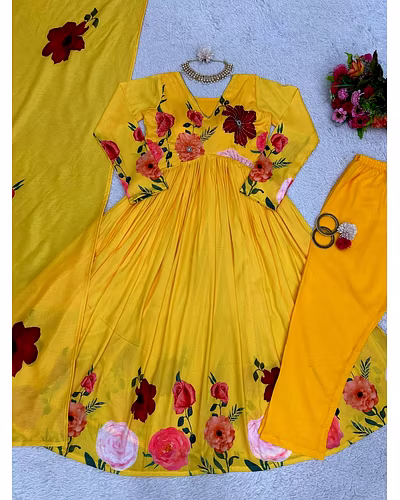 Designer Side Cut Muslin Suit with Hand Work &amp; Crepe Pants, Includes Digital Print Dupatta-Yellow-M-5