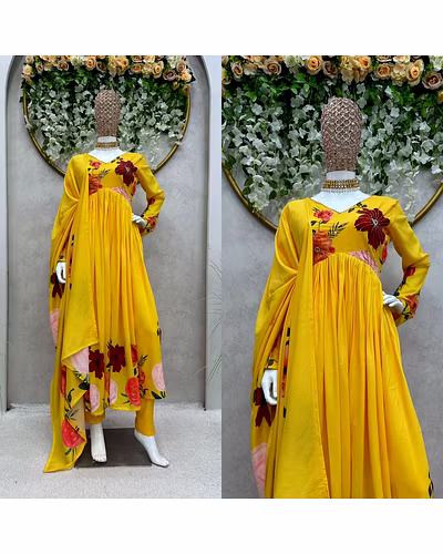 Designer Side Cut Muslin Suit with Hand Work &amp; Crepe Pants, Includes Digital Print Dupatta-RKD1428-Yellow-L