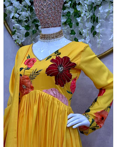 Designer Side Cut Muslin Suit with Hand Work &amp; Crepe Pants, Includes Digital Print Dupatta-Yellow-L-2