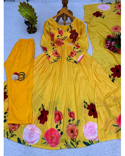 Designer Side Cut Muslin Suit with Hand Work &amp; Crepe Pants, Includes Digital Print Dupatta-Yellow-L-4