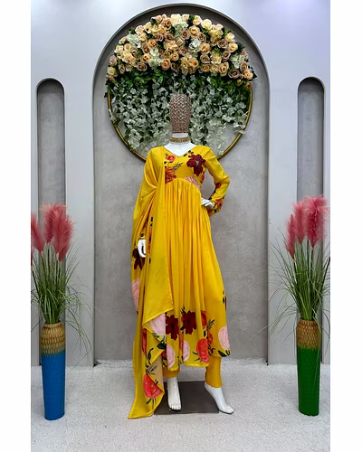 Designer Side Cut Muslin Suit with Hand Work &amp; Crepe Pants, Includes Digital Print Dupatta-Yellow-XL-1