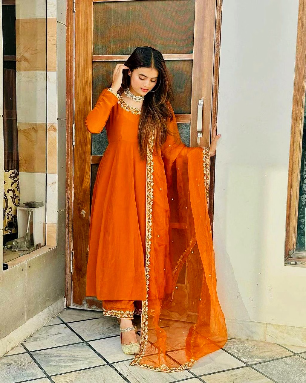 ynf designer faux georgette suit with thread work and plazo pant set