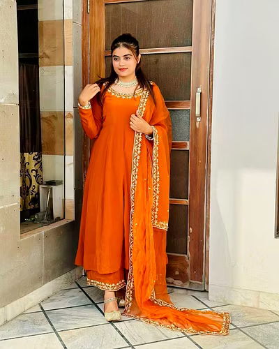 Designer Faux Georgette Suit with Thread Work and Plazo Pant Set-Orange-M-1