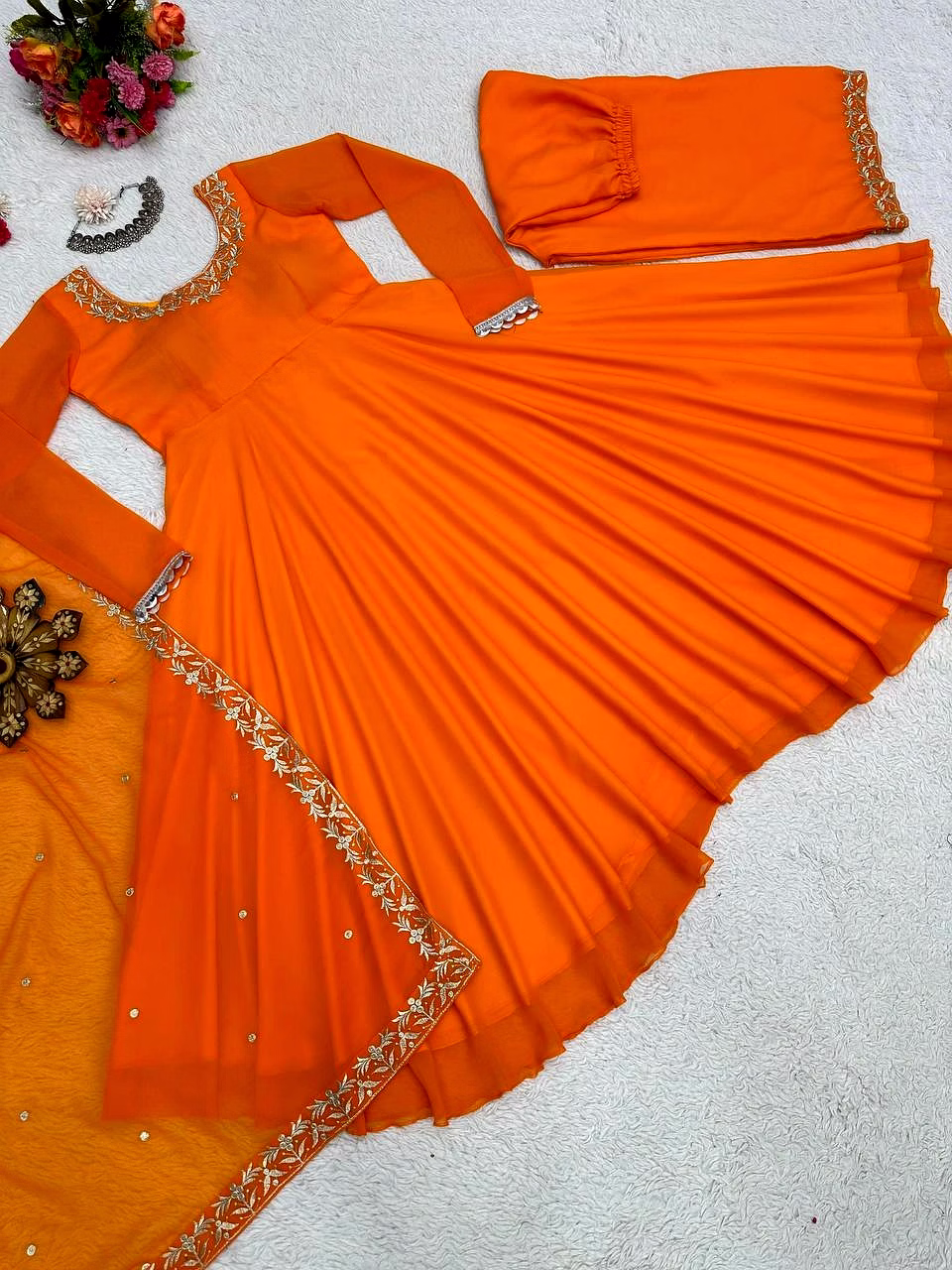 Designer Faux Georgette Suit with Thread Work and Plazo Pant Set image 6