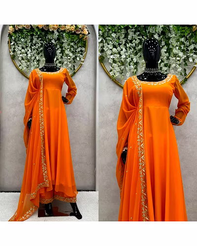 Designer Faux Georgette Suit with Thread Work and Plazo Pant Set-Orange-L-2
