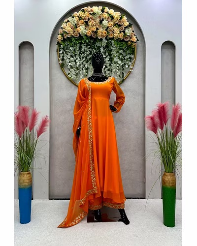 Designer Faux Georgette Suit with Thread Work and Plazo Pant Set-Orange-L-3