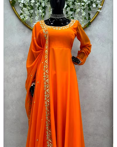 Designer Faux Georgette Suit with Thread Work and Plazo Pant Set-Orange-XL-4