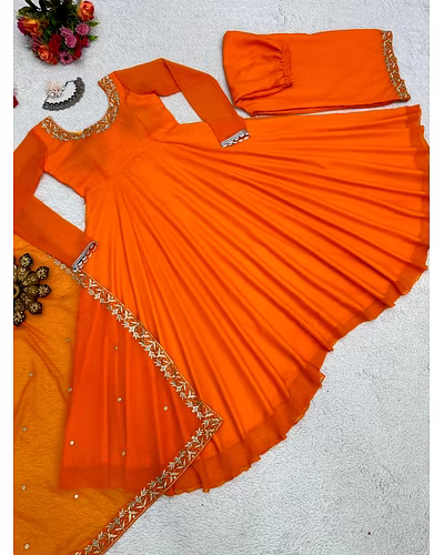Designer Faux Georgette Suit with Thread Work and Plazo Pant Set-Orange-XL-5