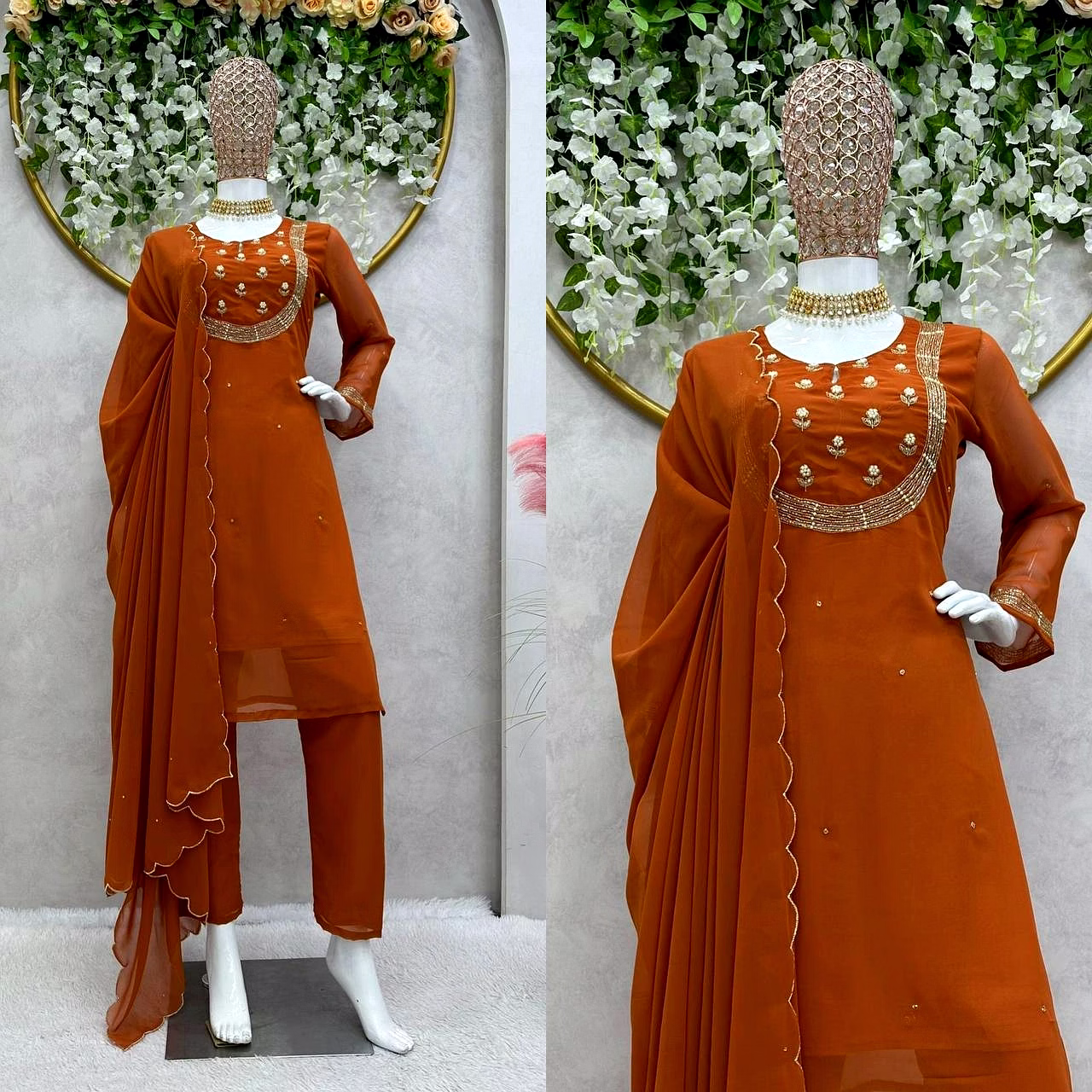 ynf elegant faux georgette designer suit with hand work, pant & dupatta set