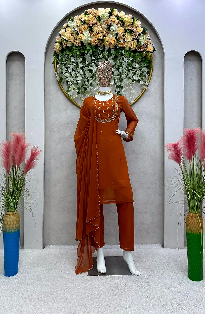 Elegant Faux Georgette Designer Suit with Hand Work, Pant & Dupatta Set image 2
