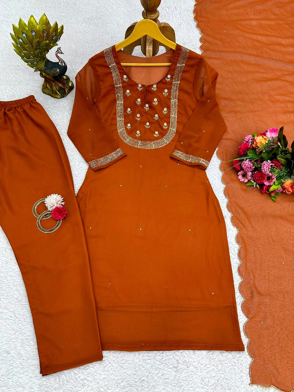 Elegant Faux Georgette Designer Suit with Hand Work, Pant & Dupatta Set image 4