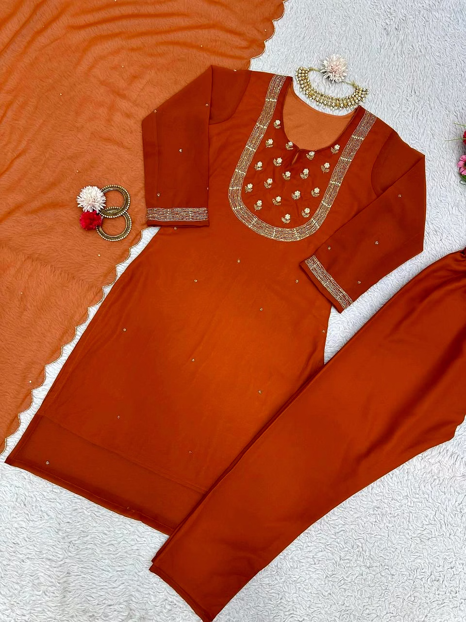 Elegant Faux Georgette Designer Suit with Hand Work, Pant & Dupatta Set image 5