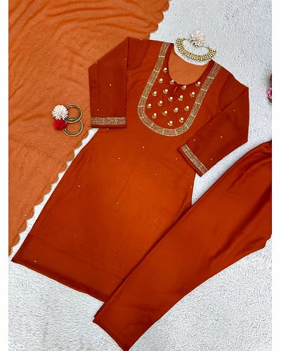 Elegant Faux Georgette Designer Suit with Hand Work, Pant &amp; Dupatta Set-Orange-M-4