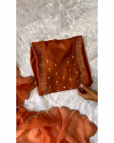 Elegant Faux Georgette Designer Suit with Hand Work, Pant &amp; Dupatta Set-Orange-M-5