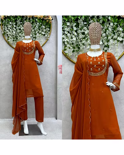 Elegant Faux Georgette Designer Suit with Hand Work, Pant &amp; Dupatta Set-RKD1424-Orange-L