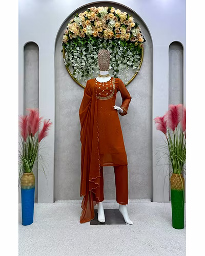 Elegant Faux Georgette Designer Suit with Hand Work, Pant &amp; Dupatta Set-Orange-L-1