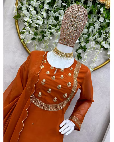 Elegant Faux Georgette Designer Suit with Hand Work, Pant &amp; Dupatta Set-Orange-L-2