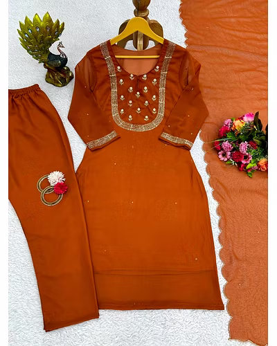 Elegant Faux Georgette Designer Suit with Hand Work, Pant &amp; Dupatta Set-Orange-XL-3