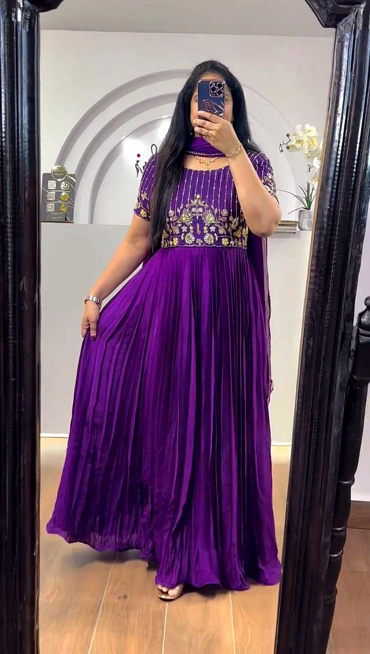 ynf elegant faux georgette gown with inner | thread & sequence work | includes dupatta