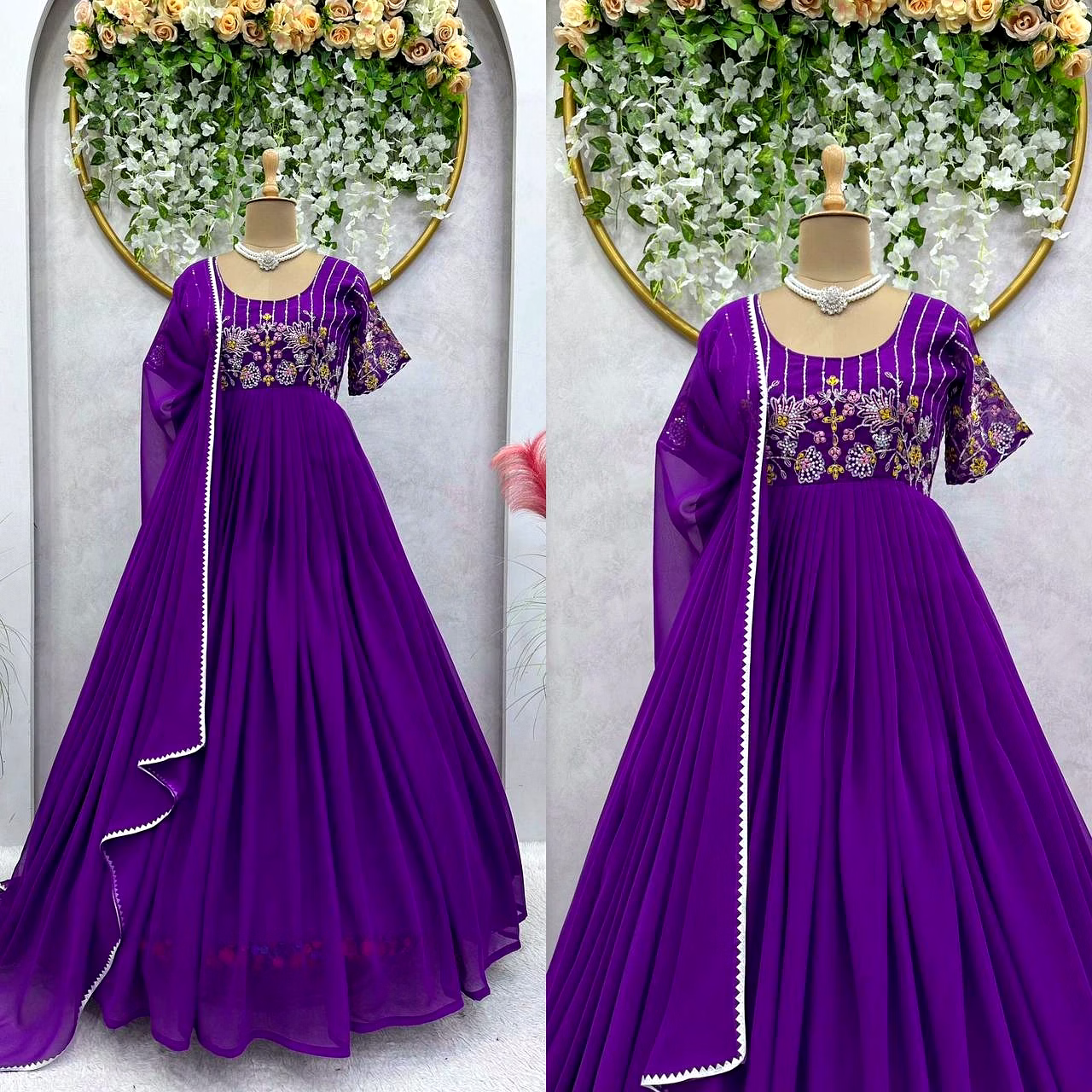 Elegant Faux Georgette Gown with Inner | Thread & Sequence Work | Includes Dupatta image 3