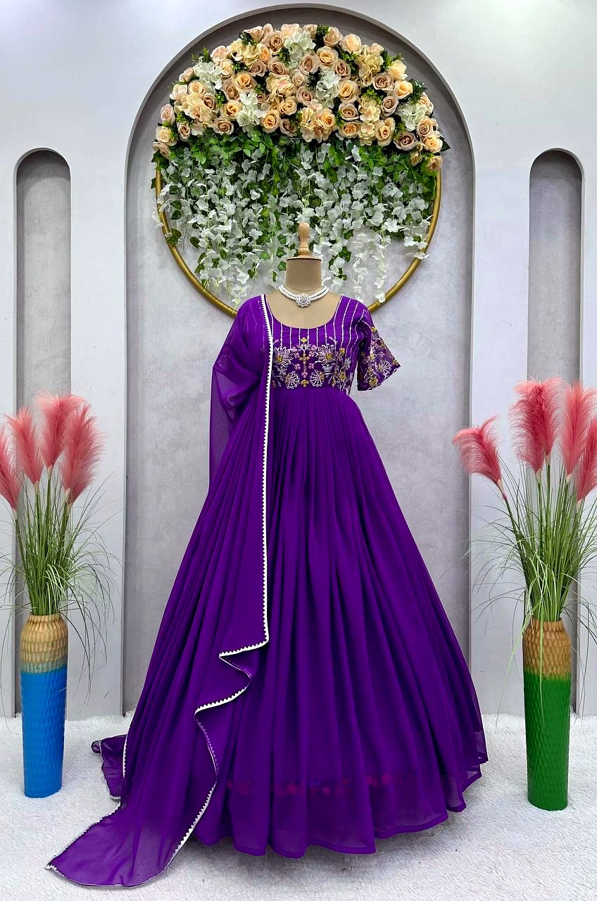 Elegant Faux Georgette Gown with Inner | Thread & Sequence Work | Includes Dupatta image 4