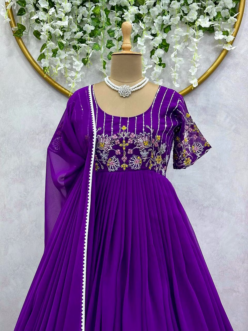 Elegant Faux Georgette Gown with Inner | Thread & Sequence Work | Includes Dupatta image 5