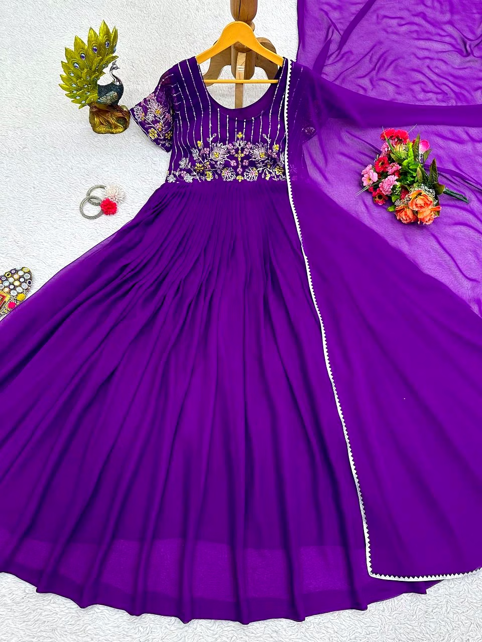 Elegant Faux Georgette Gown with Inner | Thread & Sequence Work | Includes Dupatta image 6