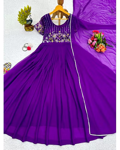 Elegant Faux Georgette Gown with Inner | Thread &amp; Sequence Work | Includes Dupatta-Purple-M-5
