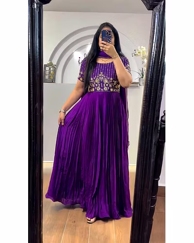 Elegant Faux Georgette Gown with Inner | Thread &amp; Sequence Work | Includes Dupatta-RKD1423-Purple-L