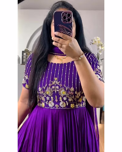 Elegant Faux Georgette Gown with Inner | Thread &amp; Sequence Work | Includes Dupatta-Purple-L-1
